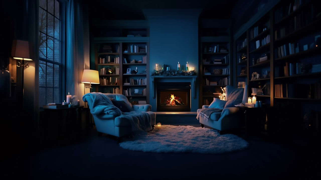 Cozy Reading Library Ambience 📖 Heavy Rain on Window Sounds and Crackling Fire for Relaxing