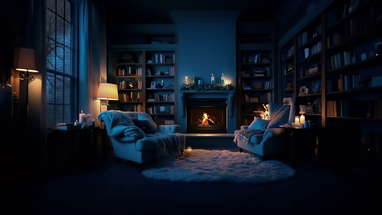 Cozy Reading Library Ambience 📖 Heavy Rain on Window Sounds and Crackling Fire for Relaxing poster